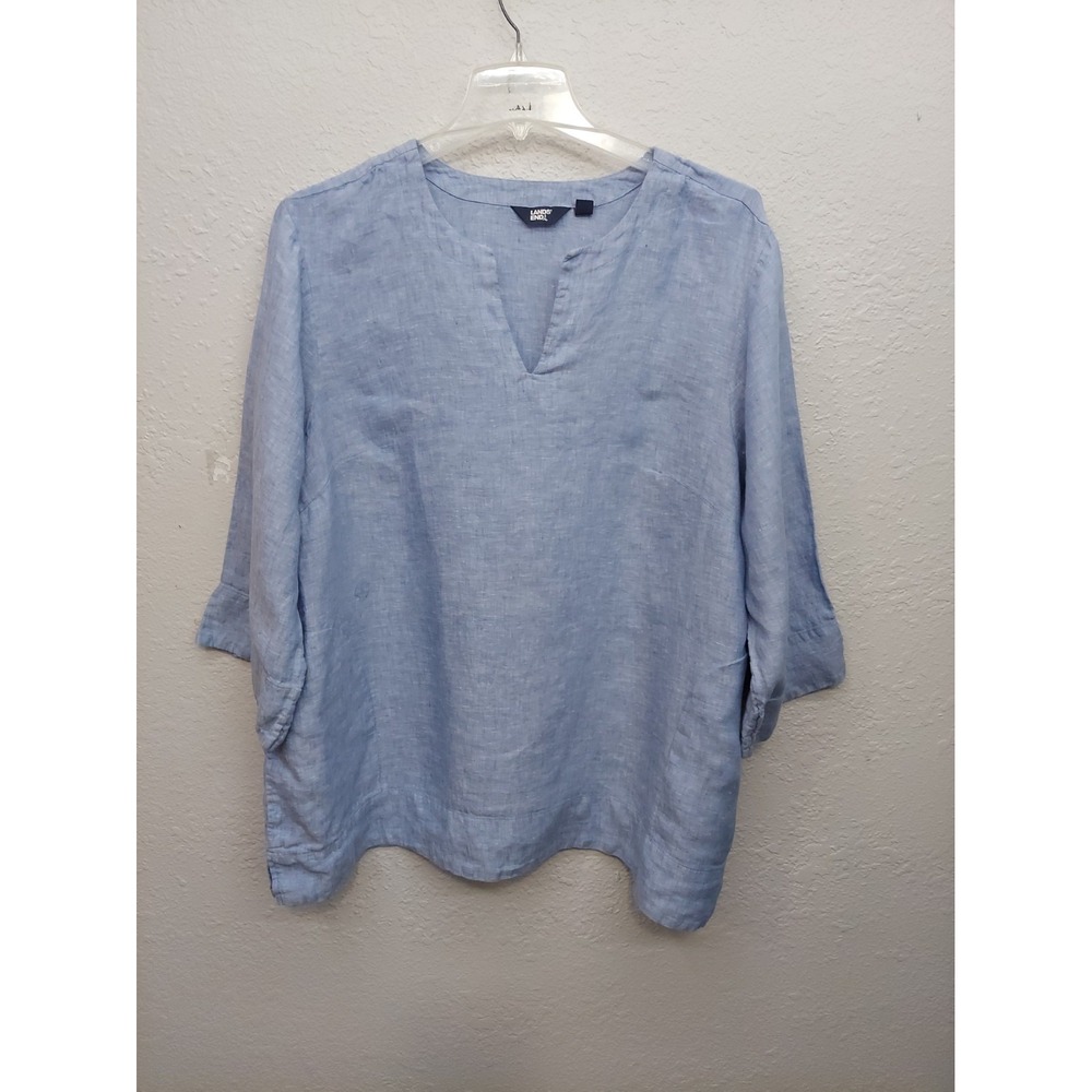 Lands End Linen Top Womens 3X Blue Notch Neck Popover Coastal Beach Travel READ
